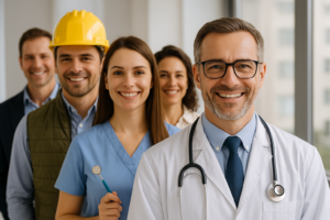 Profissionais de diferentes áreas, como médico, engenheiro, dentista e arquiteto, sorrindo lado a lado, representando a diversidade atendida pelos planos de saúde por adesão.