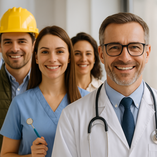 Profissionais de diferentes áreas, como médico, engenheiro, dentista e arquiteto, sorrindo lado a lado, representando a diversidade atendida pelos planos de saúde por adesão.
