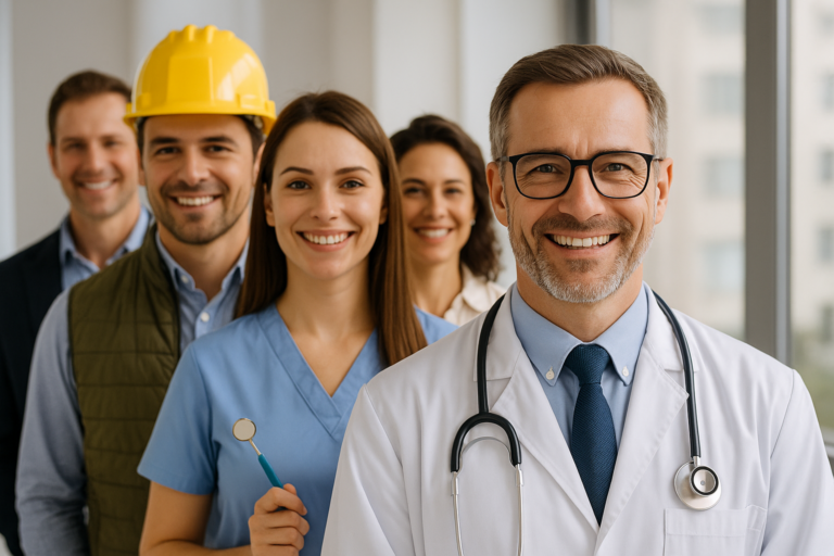 Profissionais de diferentes áreas, como médico, engenheiro, dentista e arquiteto, sorrindo lado a lado, representando a diversidade atendida pelos planos de saúde por adesão.