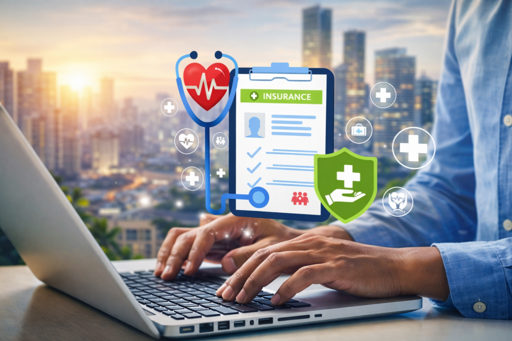 Profissional utilizando notebook com ícones digitais de plano de saúde, estetoscópio e escudo de proteção, representando o mercado de saúde suplementar e seguros médicos.