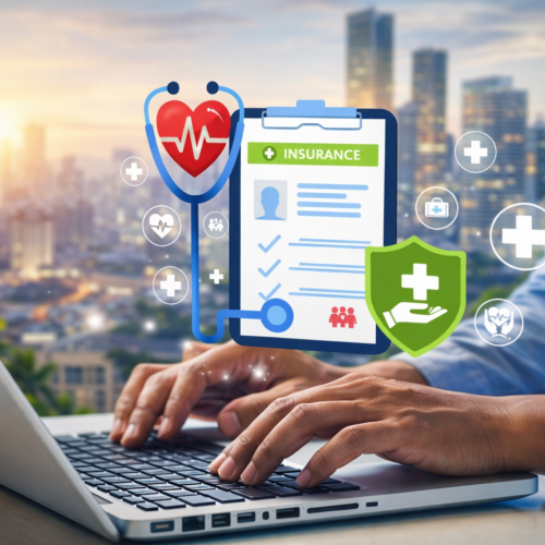 Profissional utilizando notebook com ícones digitais de plano de saúde, estetoscópio e escudo de proteção, representando o mercado de saúde suplementar e seguros médicos.