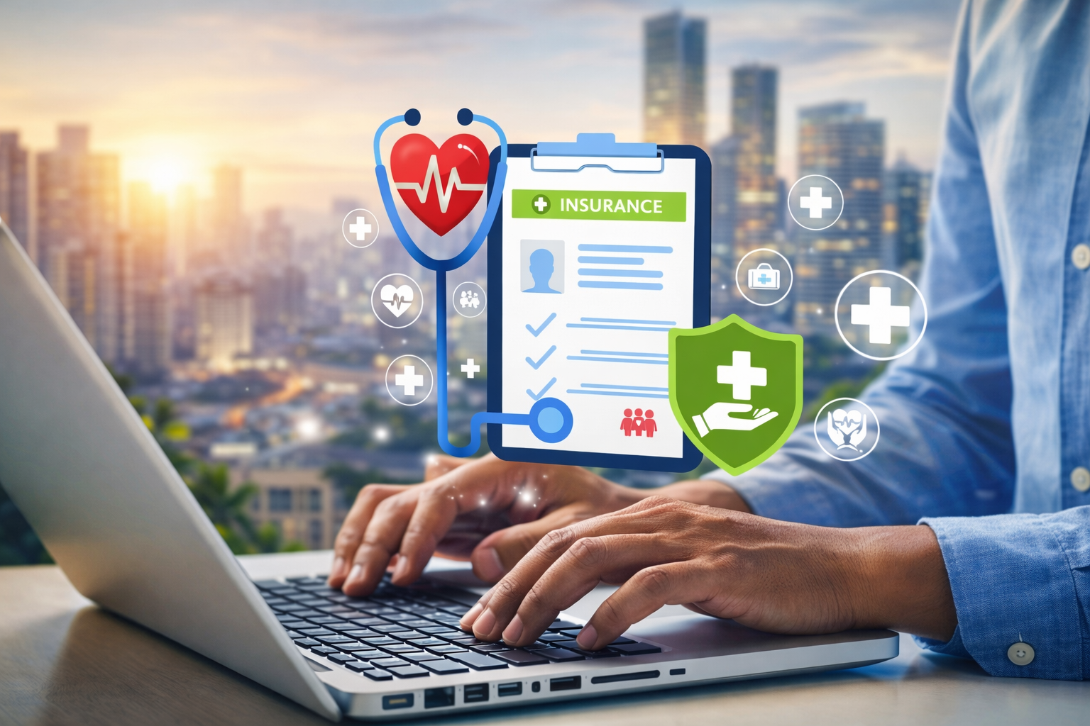 Profissional utilizando notebook com ícones digitais de plano de saúde, estetoscópio e escudo de proteção, representando o mercado de saúde suplementar e seguros médicos.