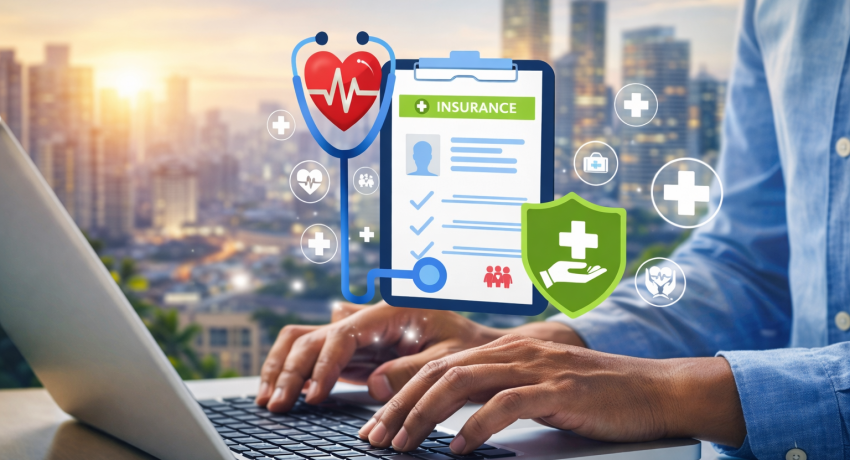 Profissional utilizando notebook com ícones digitais de plano de saúde, estetoscópio e escudo de proteção, representando o mercado de saúde suplementar e seguros médicos.