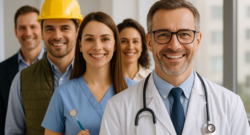 Profissionais de diferentes áreas, como médico, engenheiro, dentista e arquiteto, sorrindo lado a lado, representando a diversidade atendida pelos planos de saúde por adesão.