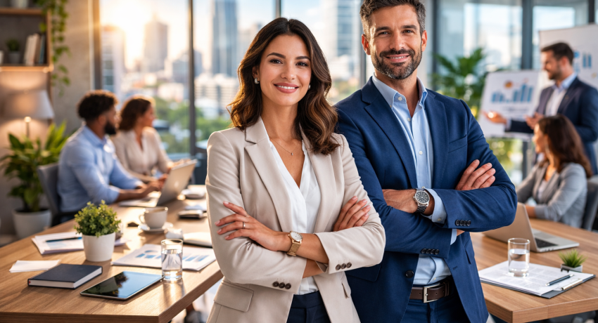 Foto descreve dois empreendedores que podem contratar um plano de saúde empresarial mei